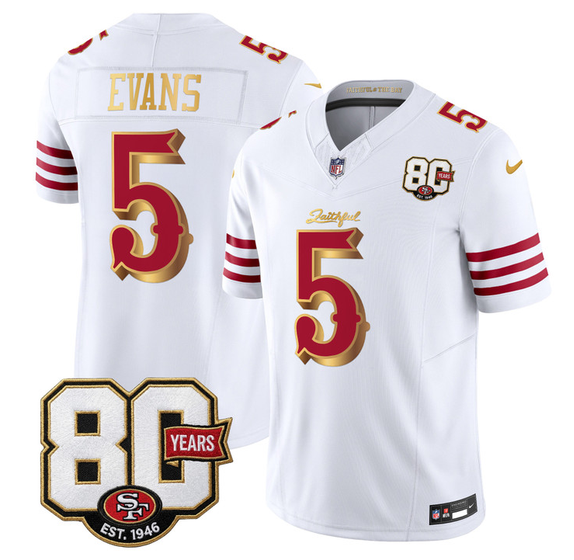 Men's White Gold San Francisco 49ers #5 Mike Evans 80th Anniversary Patch “Rivalries” 2026 F.U.S.E. Vapor Untouchabl Limited Stitched Football Jersey